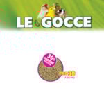Packaging design for "Le Gocce," featuring four birds at the top against a green background. Below, there's a circular image of seeds labeled "30% Proteine/Protein" with "Pro30 Neutro" written beside it.