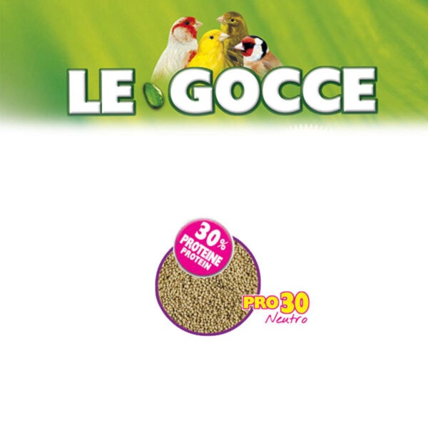 Packaging design for "Le Gocce," featuring four birds at the top against a green background. Below, there's a circular image of seeds labeled "30% Proteine/Protein" with "Pro30 Neutro" written beside it.